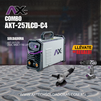 AXT-257LCD-C4 COMBO SOLDADORA INVERSOR ELECTRODO Y TIG LIFT 250A, CON ROTOMARTILLO INALÁMBRICO Y MINI ESMERILADORA ELÉCTRICA AXT-ES850