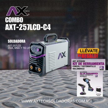 AXT-257LCD-C4 COMBO SOLDADORA INVERSOR ELECTRODO Y TIG LIFT 250A, CON ROTOMARTILLO INALÁMBRICO Y MINI ESMERILADORA ELÉCTRICA AXT-ES850