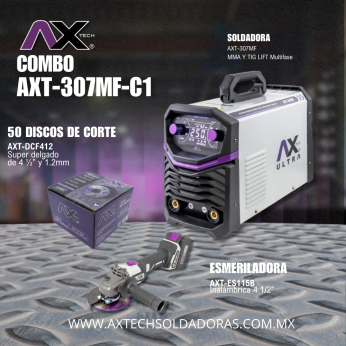AXT-307MF-C1 COMBO SOLDADORA 300A MULTI FASE, CON ESMERILADORA A BATERIA Y 50 DISCOS ABRASIVOS DE 4 1/2