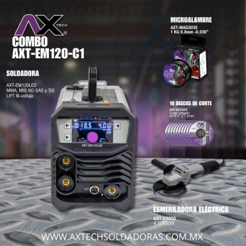 AXT-EM120LED-C1 SOLDADORA INVERSOR MICROALAMBRE 1 Kg / ELECTRODO Y TIG LIFT 120A, BI VOLTAJE CON ESMERILADORA, 10 DISCOS Y ROLLO DE 1 KG