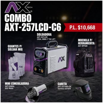 AXT-257LCD-C6 COMBO SOLD INV 250A BI VOLT MOCHILA P/HERR CARETA, GUANTES AXT-GP043-E, MINI AXT-ES855 Y CARETA