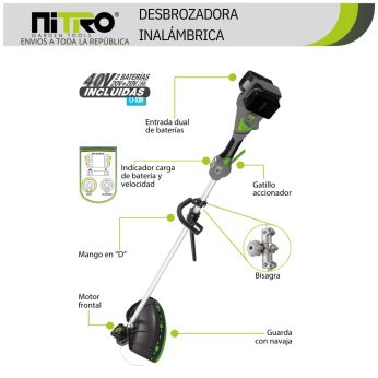 NIT-DB202 DESBROZADORA C/MOTOR ABAJO INALÁMBRICA 450W, MANGO EN “D” , BRUSHLESS, 2 BATERÍAS 20V
