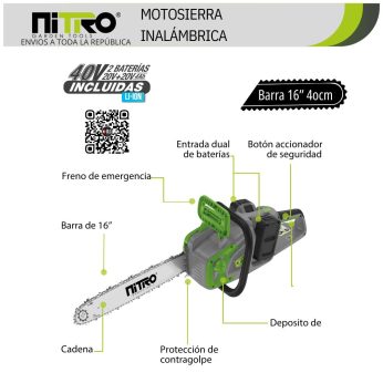 NIT-MSB106 MOTOSIERRA INALÁMBRICA 1200W, BRUSHESS, BARRA DE 16″, 2 BATERÍAS 40V, CARGADOR DOBLE