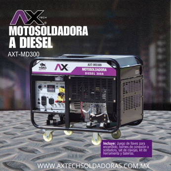 AXT-MD300 MOTOSOLDADORA A DIESEL 50-250A 120/240V 20HP ENCENDIDO ELECTRICO Y LLANTAS