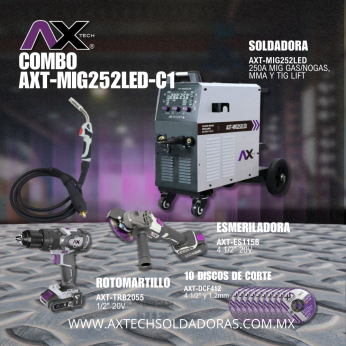 AXT-MIG252LED-C1 COMBO SOLDADORA INVERSOR MIG/MAG/ELECTRODO/TIG LIFT 250A, 220V 2 FASES, CON ANTORCHA MIG26 y KITER DE REGALO