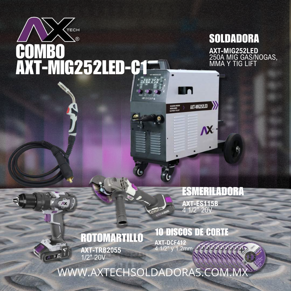 AXT-MIG252LED-C1 COMBO SOLDADORA INVERSOR MIG/MAG/ELECTRODO/TIG LIFT 250A, 220V 2 FASES, CON ANTORCHA MIG26 y KITER DE REGALO