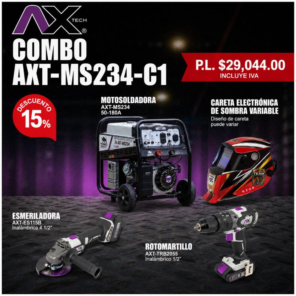 AXTECH AXT-MS234-C1 COMBO MOTOSOLDADORA 180A CON CARETA ELECTRÓNICA, ESMERILADORA Y ROTOMARTILLO