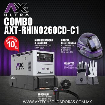 AXTECH AXT-RHINO260CD-C1 MOTOSOLDADORA A GASOLINA INVERTER 120/240, DUAL VOLTAJE, 10-260 AMP CON CARETA AXT-MAVERICK, SPOOLGUN Y GUANTES AXT-GP164-T