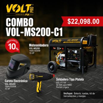 VOL-MS200-C1 MOTOSOLDADORA A GASOLINA GENERADOR 190A CON SOLDADORA VOL-PT100 Y CARETA DE REGALO