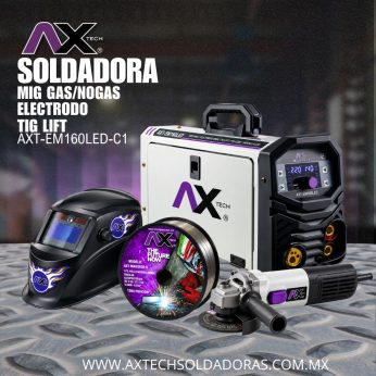 AXT-EM160LED-C1 COMBO SOLDADORA 160A AXT-EM160LED, ROLLO MICROALAMBRE 1 KG 0.035" AXT-MAGS035, CARETA AXT-CE1002 Y ESMERILADORA DE 4 1/2" AXT-ES855